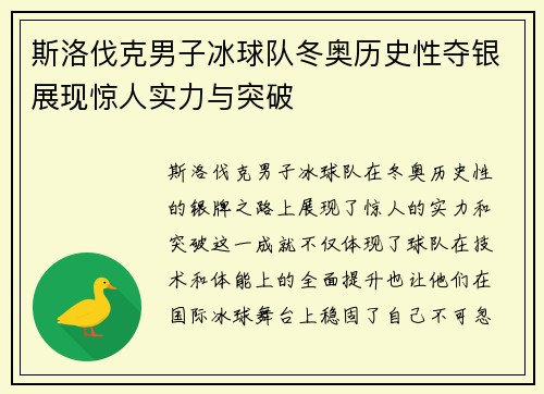 斯洛伐克男子冰球队冬奥历史性夺银展现惊人实力与突破 斯洛伐克男子冰球队冬奥历史性夺银展现惊人实力与突破